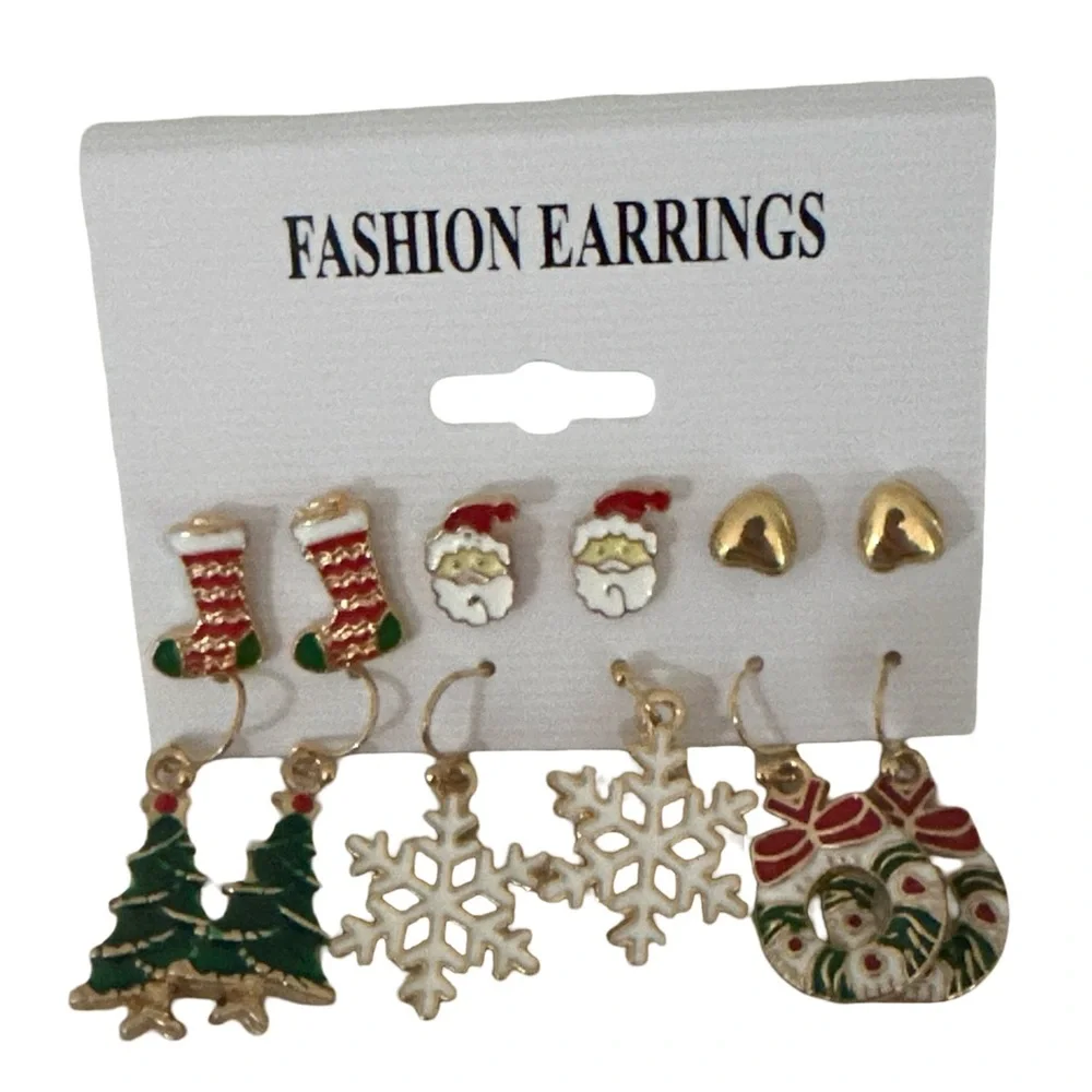 NEW. Festive Holiday Earring Set Christmas Stockings Santa Trees Snowflakes